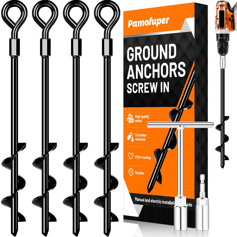 Pamofuper Ground Anchors Screw in  Heavy Duty Tent Stakes Trampoline Anchors 4Pack  Ground Anchors for Camping Tent  Canopies  Carports  Canopy  Sheds  Swing Sets 14in Ground Anchors for High Winds - Image 1